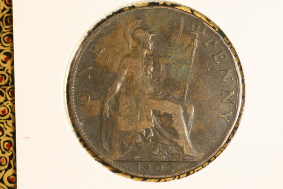 1902 - UK British Penny - VF / Verdigris