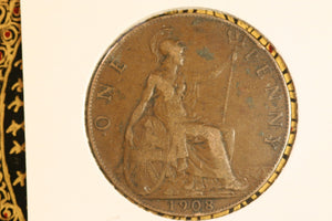 1908 - UK British Penny - aVF / Problem Coin