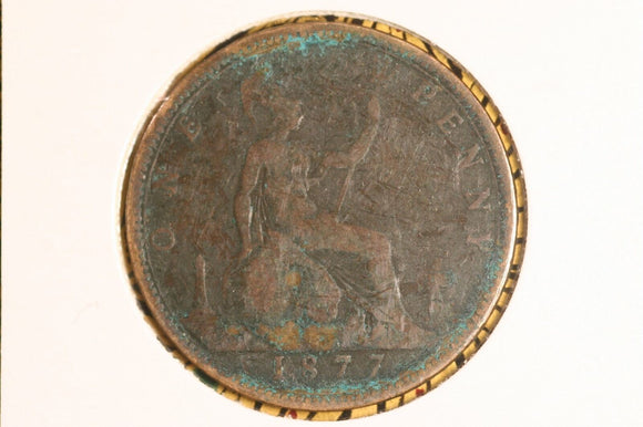 1877 - UK British Penny - aF / Verdigris