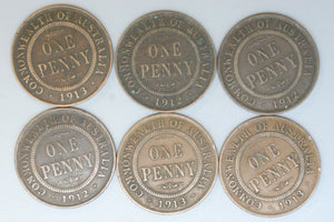 Australia Penny * 6 Coins - 1912 * 3, 1913 * 3 - aVG