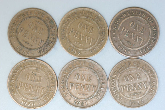 Australia Penny * 6 - 1917, 1919 No Dot & 1 Dot, 1920, 1921, 1922 I - aVG / VG