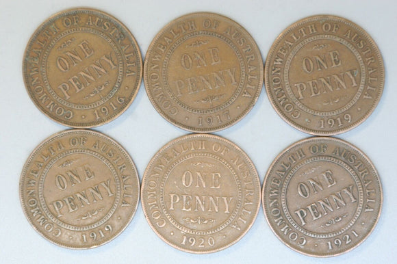 Australia Penny * 6 - 1916, 1917, 1919 No Dot & 1 Dot, 1920, 1921 - aVG / VG