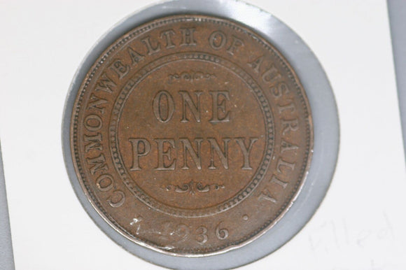 1936 - Australian Penny - Filled Die - Missing '19' - aEF / Spot of Verdigris