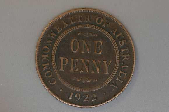 1922 - I - Australian Penny - Flat-based Letters on Obverse (R7) - F