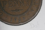 1928  - Australian Penny - aF - Open 2, 8, Dot at Nose & Diecrack Obverse - (R7)