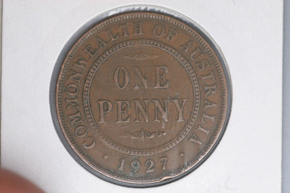 1927 - Australian Penny - Diecrack 70% of Obverse - VG / Verdigris