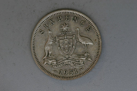 1951 - PL - Australia Sixpence - VG - 50% Silver