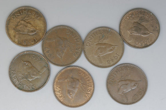 Farthing * 7 - UK - Great Britain - KGVI - 1937, '38, '42, '47 * 2, '48, '50