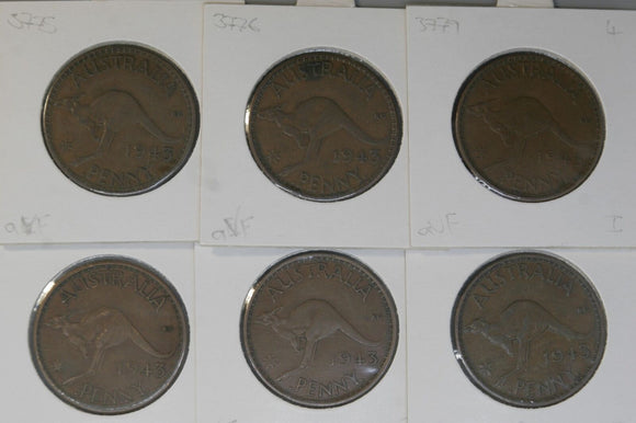 1943 - I - Australia Penny * 6 - aVF / VF - Bulk