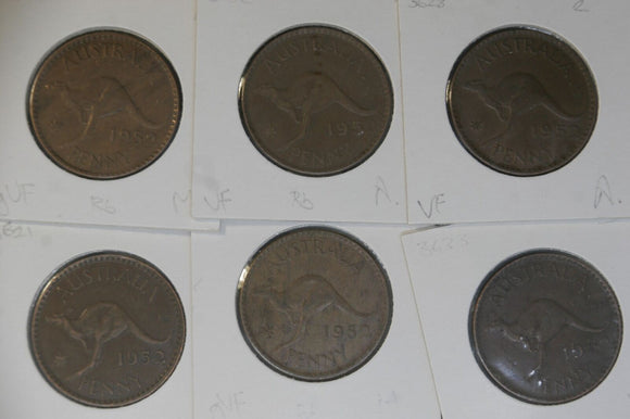 1952 - Australia Penny * 6 - M * 3, A. * 3 - VF / gVF - Bulk