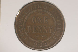 1922 - I - Australia Penny - India Mint - F / Spot Verdigris