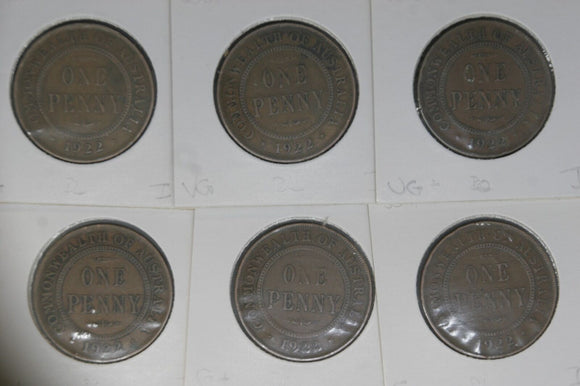 1922 - I - Australia Penny * 6 - India Die - G+ to gVG - Bulk