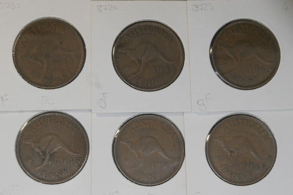 1945 - Australia Penny * 6 - aF to aVF - Bulk