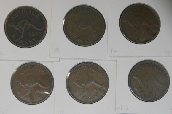 1943 - Y. - Australia Penny * 6 - gF to aVF - Some Varnished - Bulk