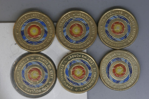 2018 - Australia - 2 Dollar Coins * 6 - Eternal Flame Lest We Forget - EF / gEF