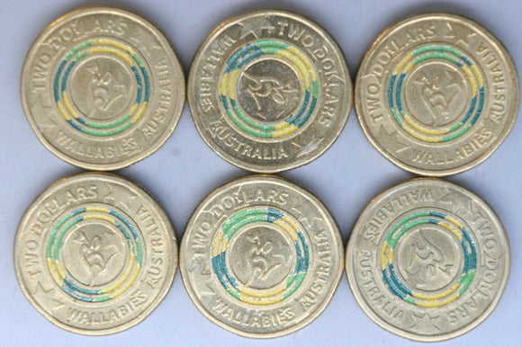 2019 - Australia - 2 Dollar Coins * 6 - Wallabies Tour - gVF / EF - Bulk