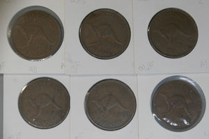 1950 - Australia Penny * 6 - M * 3, Y. * 3 - aF to gF - Bulk