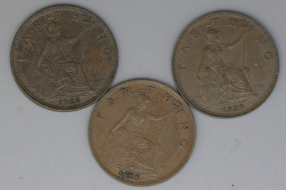 Farthing * 3 - UK - Great Britain - KGV - 1926, 1928, 1929 - gVF / EF