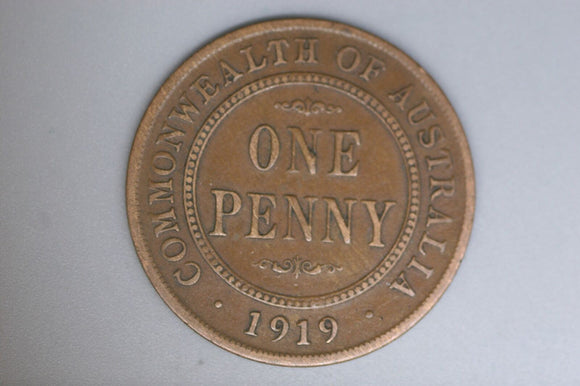 1919 - Australia Penny - One Dot - Diecracks most of Reverse & 'IND' - aF