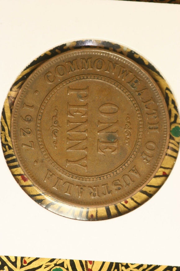 1927  - Australia Penny - Diecrack & Doubling of 'ORG' - aF / Verdigris