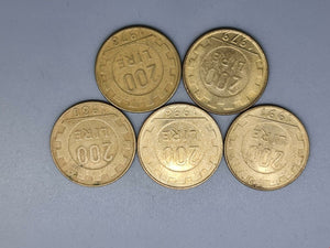 Italy - 5 x 200 Lira Coins from 1970s to 1990s