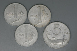 Italy -  3 x 1 Lira Coins & 5 Lira - 1950s