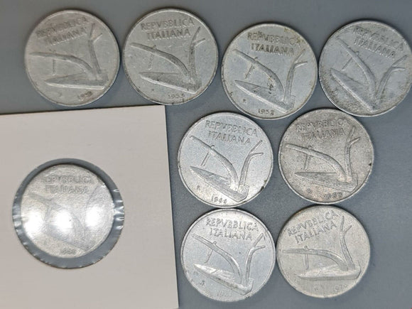 Italy - 9 x 10 Lira Coins from 1950s to 1970s