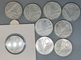 Italy - 9 x 10 Lira Coins from 1950s to 1970s