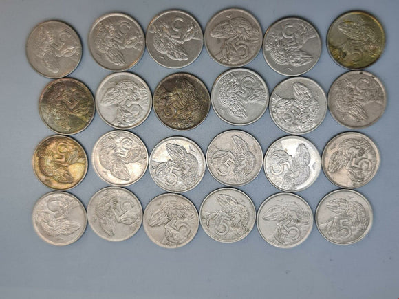 New Zealands - 5 Cents - 24 coins from 1970s & 1980s