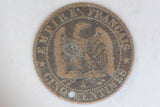 1855 - France - 5 Centimes Coin - Napolean III - VG / Holed