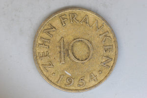 1954 - Saarland - 10 Franken Coin - VF