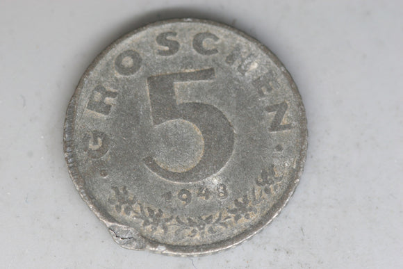 1948 - Austria - 5 Groschen Coin - F / Rim Bump