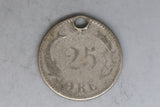 1904 - Denmark - 25 Ore Coin - Silver - Poor / Holed