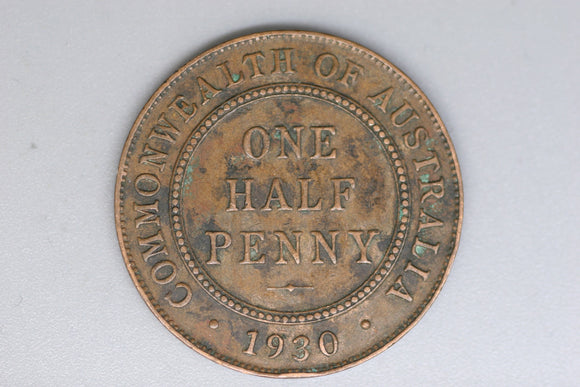 1930 - Australian Halfpenny - Tilted 3 - Key Date - EF / Verdigris