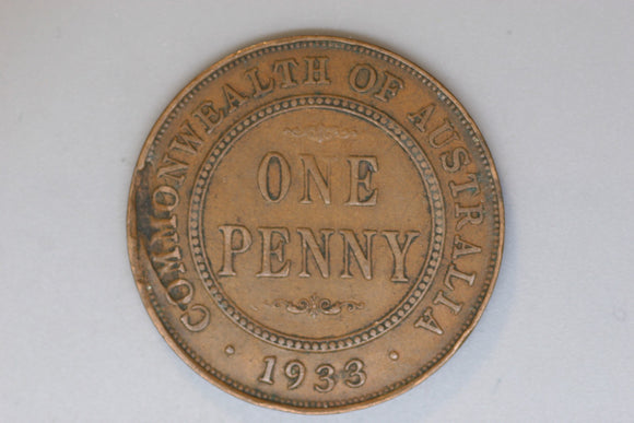 1933 - Australian Penny - Massive Planchette error - VF / Verdigris