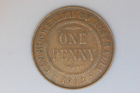 1933 - Australia Penny - Overdate - strong spike B32A - aF / Spot Verdigris