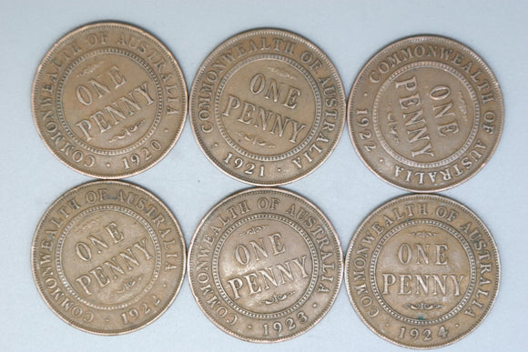 Australia Penny * 6 - 1920 I No Dot, 1921 I, 1922 L, 1922 I, 1923, 1924 L - Bulk