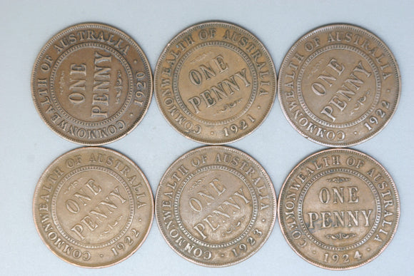 Australia Penny * 6 - 1920 I No Dot, 1921 I, 1922 L, 1922 I, 1923, 1924 L - Bulk