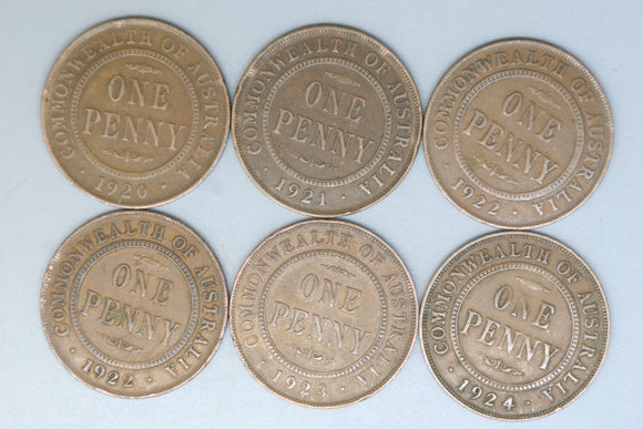 Australia Penny * 6 - 1920 I No Dot, 1921 I, 1922 L, 1922 I, 1923, 1924 L - Bulk