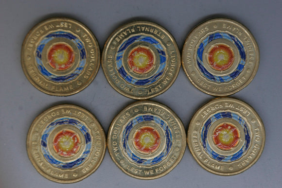 2018 - Australia - 2 Dollar Coins * 6 - Eternal Flame Lest We Forget - EF / gEF