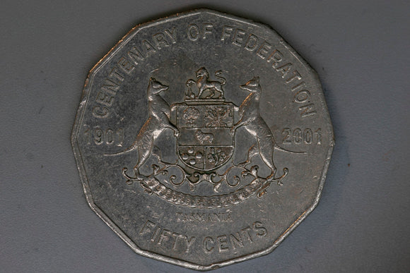 2001 - Australia 50 Cent Coin - Cent. of Fed - Tasmania - gVF