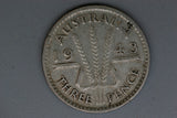 1943 - M - Australia Threepence - aF - Entire Obverse Legend Doubled